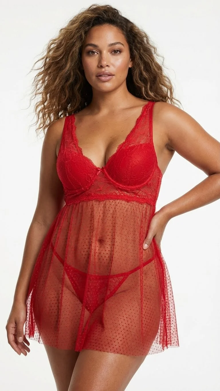 LunaIntim Ateş Kırmızısı Puantiyeli Tül Babydoll Transparan ve Fırfırlı Gecelik Takımı - Transparan Detay